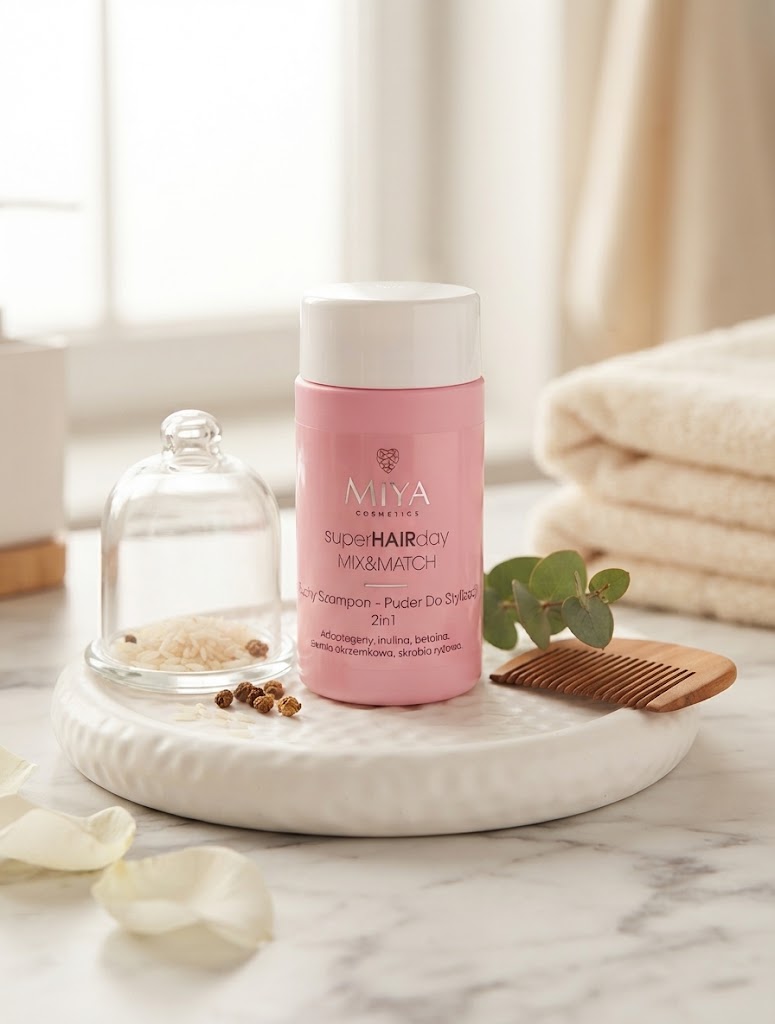 Eleganckie, lśniące włosy i minimalistyczny naturalny suchy szampon w letniej scenerii w stylu quiet luxury.