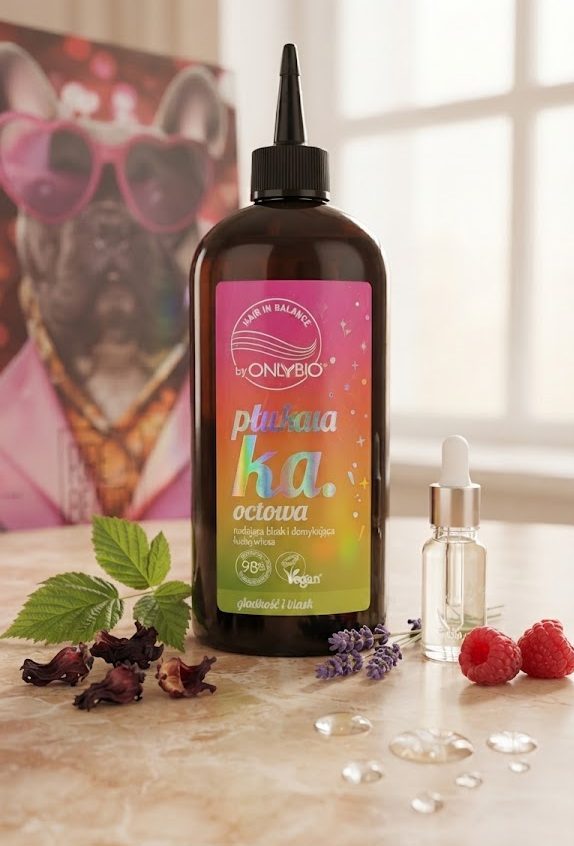 Butelka płukanki octowej do włosów OnlyBio Hair in Balance na jasnym, minimalistycznym tle.