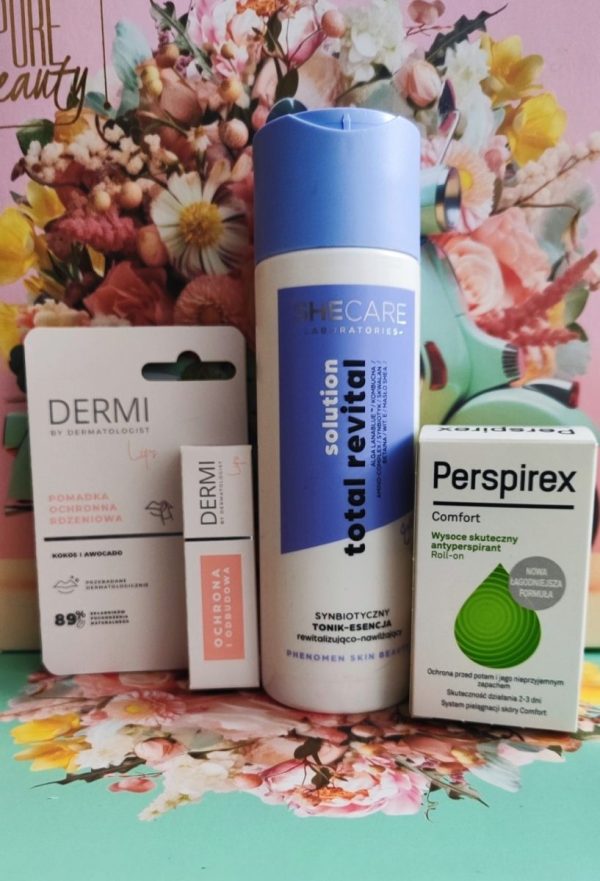 DERMI Lips Pomadka Ochronna Rdzeniowa Kokos i Awokado,  Perspirex Comfort Antyperspirant Roll-On 20 ml, SHECARE Synbiotyczna Woda Micelarna