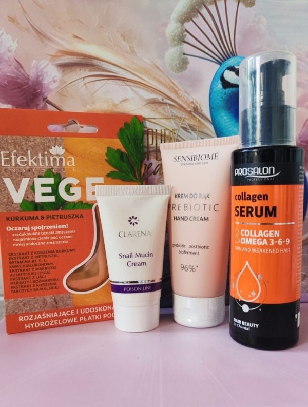 Recenzje PROSALON Serum Kolagenowe z Kwasami OMEGA 3-6-9, EFEKTIMA Hydrożelowe Płatki Pod Oczy Rozjaśniające i Udoskonalające, Snail Mucin Cream 200 ml – Krem Regenerujący ze Śluzem Ślimaka, SENSIBIOME Prebiotic Skin Care Hand Cream