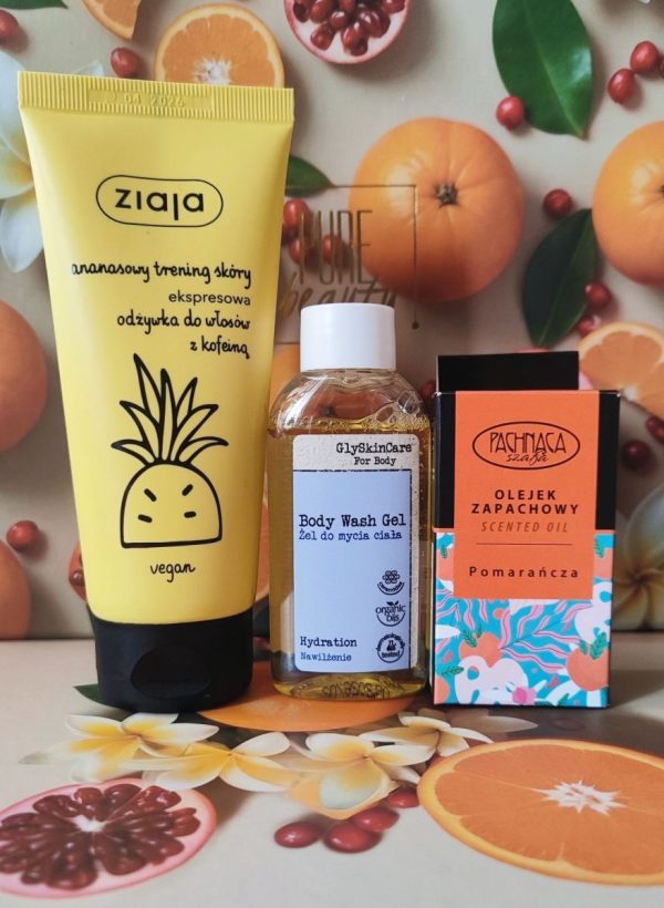 Recenzja ZIAJA Ekspresowa Odżywka do włosów z kofeiną, GLYSKINCARE  Żel do mycia for Body & Hair, PACHNĄCA SZAFA Olejek zapachowy - Pomarańcza