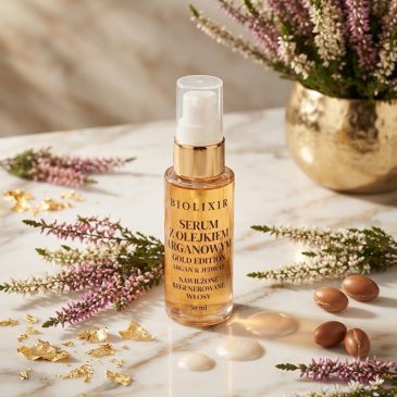 Buteleczka serum Bioelixire Argan Oil na jasnym, minimalistycznym tle z jesiennymi akcentami.