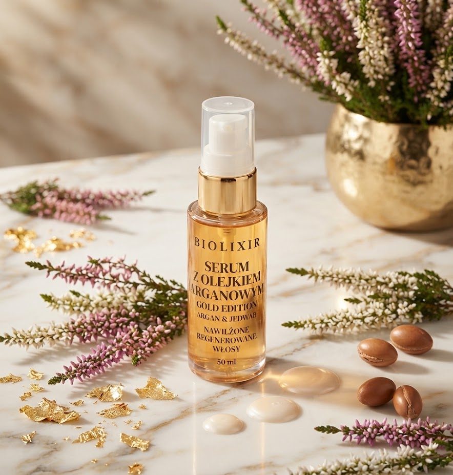 Buteleczka serum Bioelixire Argan Oil na jasnym, minimalistycznym tle z jesiennymi akcentami.