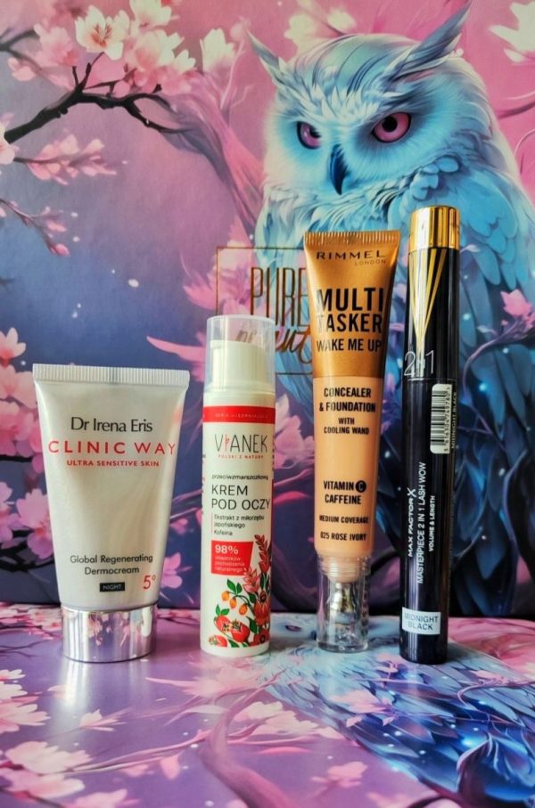 MAX FACTOR – Masterpiece 2in1 Lash Wow Volume & Length (87,99 zł/7 ml),  RIMMEL – Multi-Tasker Wake Me Up (67,99 zł/20 ml), VIANEK – Przeciwzmarszczkowy Krem pod Oczy (49,99 zł/15 ml),  