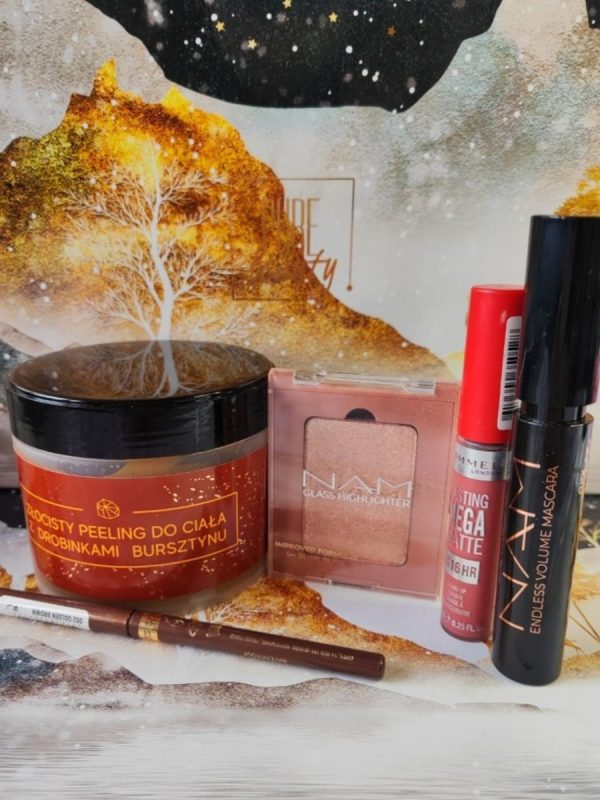 Miss Sporty Studio Color Gel Eyeliner 24h, Avena Cosmetics Amber Złocisty Peeling do Ciała, NAM New Glass Highlighter, NAM Endless Volume Mascara, Rimmel Lasting Mega Matte Pomadka do Ust