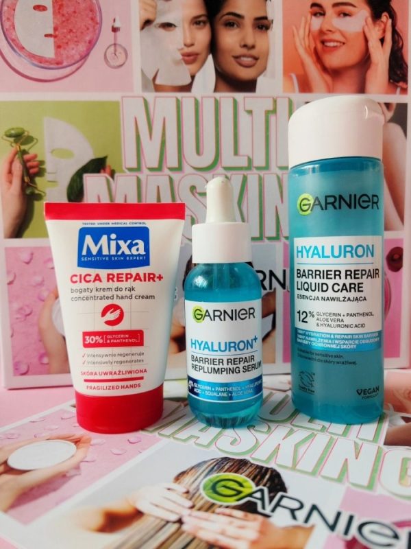 GARNIER HYALURON BARRIER REPAIR SERUM UJĘDRNIAJĄCE , GARNIER ESENCJA NAWILŻAJĄCA DO TWARZY HYALURON BARRIER REPAIR Esencja z kwasem hialuronow, MIXA REGENERUJĄCY BOGATY KREM DO RĄK CICA REPAIR 