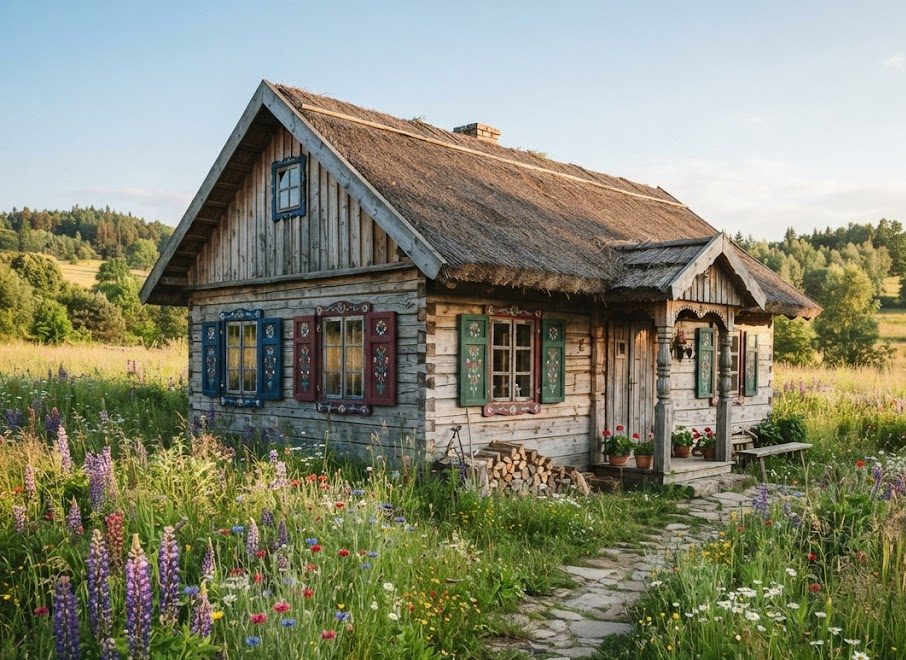 Tradycyjna drewniana chata z malowanymi okiennicami na Podlasiu