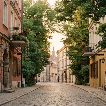 Klimatyczna, zielona uliczka z historyczną architekturą w Warszawie, ilustrująca niebanalne i ukryte zakątki stolicy w stylu cichego luksusu.