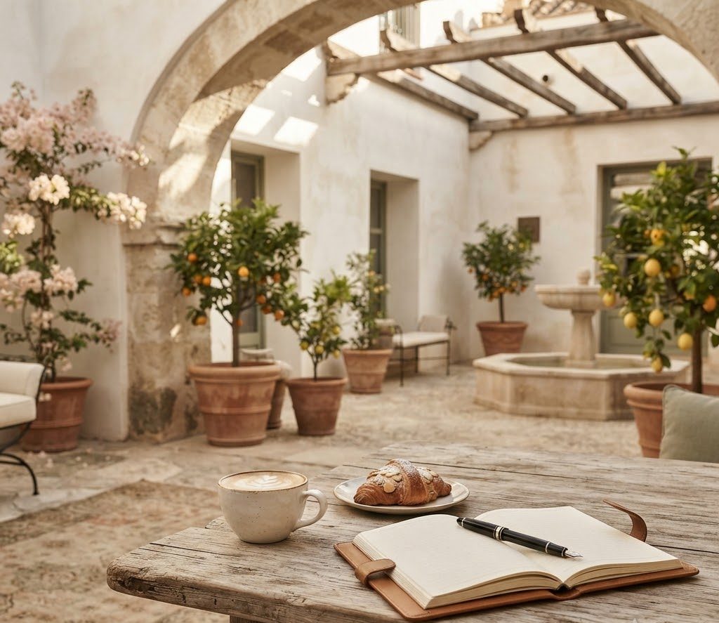 Filiżanka aromatycznej kawy i elegancki notes z rachunkami na rustykalnym stoliku w butikowym hotelu w Andaluzji, ilustrujące koszty slow travel w duchu cichego luksusu.