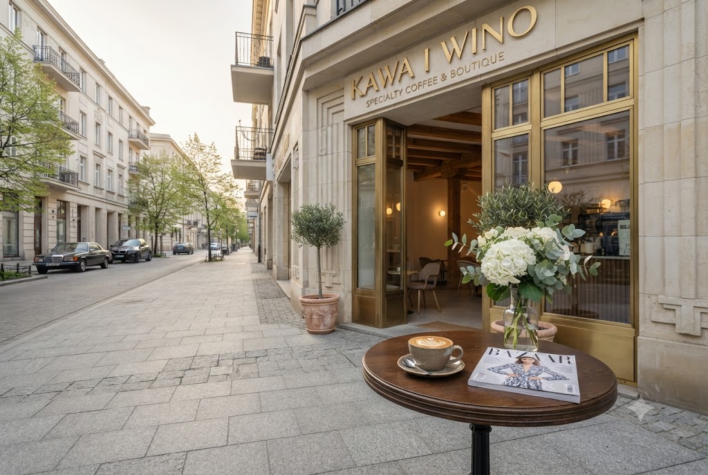 title Elegancka fasada butikowej kawiarni w Warszawie ze stolikiem, filiżanką kawy i kwiatami w porannym świetle; brak ludzi.