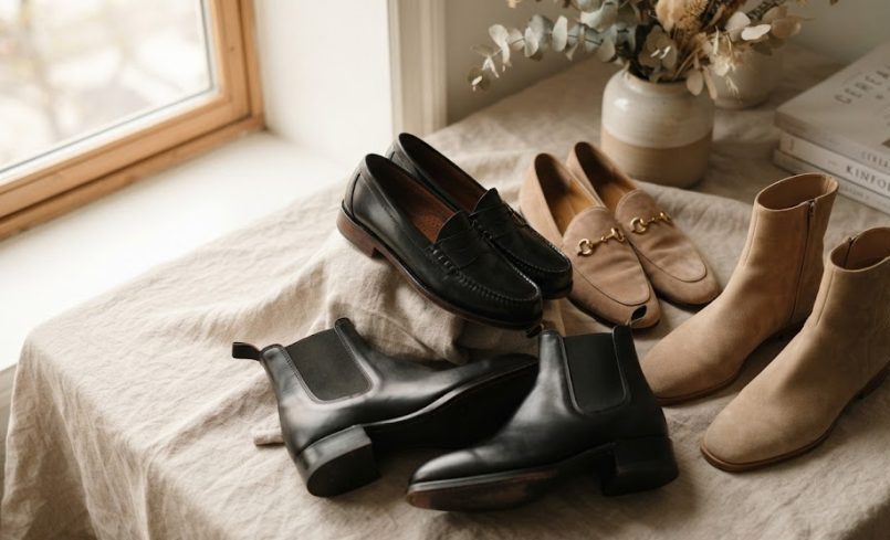 Eleganckie, minimalistyczne czarne skórzane mokasyny i beżowe botki w stylu quiet luxury na tle jasnego, naturalnego lnu.