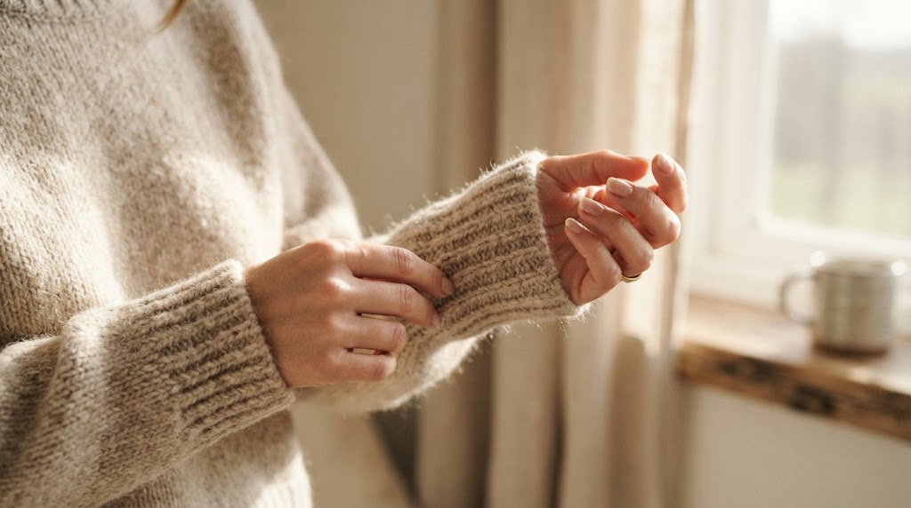 Zbliżenie na dłonie delikatnie naciągające gruby, beżowy sweter z wełny merynosowej. Detale splotu i mięsistej dzianiny w stylu quiet luxury.