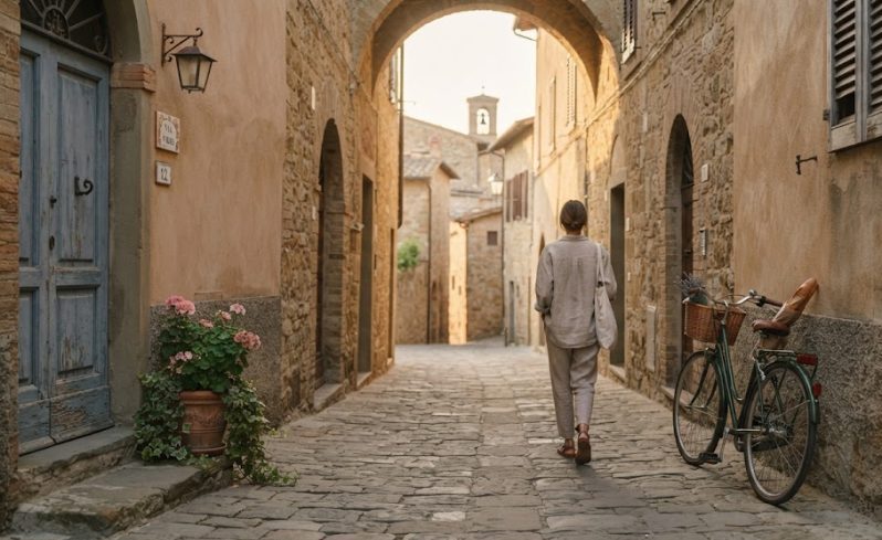 Malowniczy widok na spokojną, historyczną uliczkę w stylu slow travel i quiet luxury.