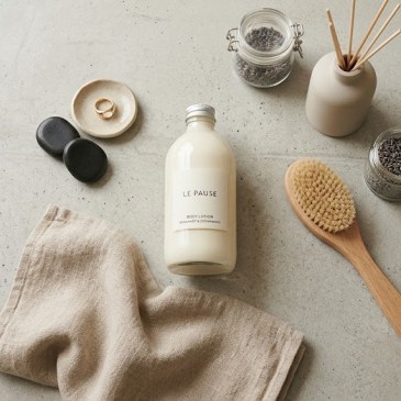 Minimalistyczna buteleczka z balsamem i naturalny ręcznik na jasnym, kamiennym blacie w łazience w stylu spa.