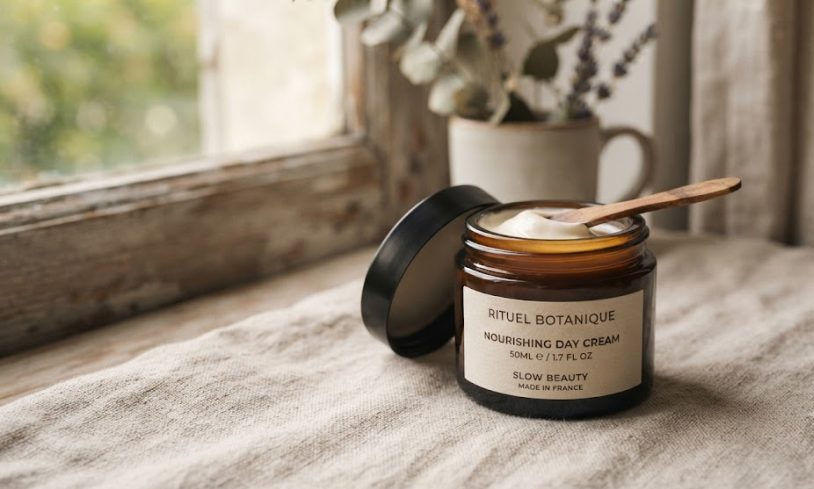 Minimalistyczny słoiczek z naturalnym kremem i gałązką bawełny na tle beżowego lnu w stylu quiet luxury.