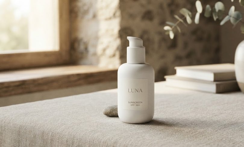 Elegancki minimalistyczny krem z filtrem SPF na tle jasnego lnu i gałązki w stylu quiet luxury.