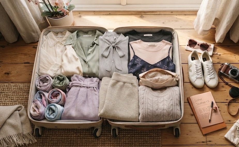 Otwarta walizka podróżna z minimalistyczną kapsułową garderobą na slow travel – lniane ubrania, organiczna bawełna, sneakersy i akcesoria