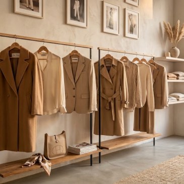 Eleganckie, stonowane wełniane płaszcze i jedwabne koszule w odcieniach beżu i karmelu na drewnianym wieszaku w butiku vintage