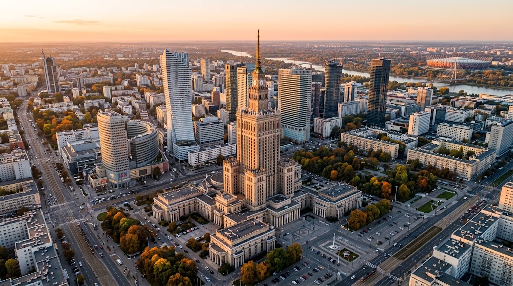 Słoneczna alejka w Łazienkach Królewskich w Warszawie z widokiem na historyczną architekturę otoczoną wrześniową zielenią